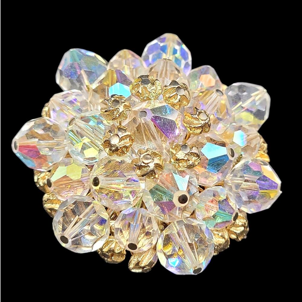 RetroGlam Vendome Aurora‎ Borealis Crystal Flower Pin White Vintage Chic Luxe